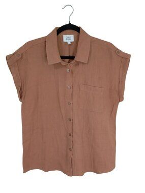 Olive & Oak Brown Button-Down Short Sleeve Womens Shirt 100% Cotton Size L